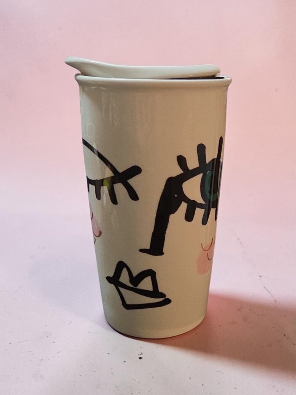 Starbucks 2014 Winking Eye Siren Face Modern Art Ceramic Travel Tumbler 12oz Lid